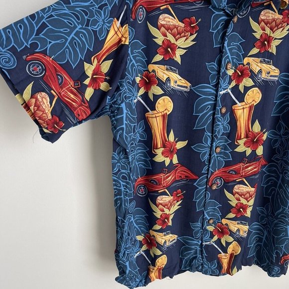 Vtg M.E. Sport Blue Hawaiian Short Sleeve Shirt Aloha Cars Cocktails - Picture 4 of 5